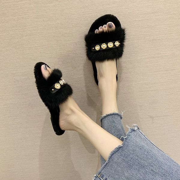 

flat shoes female slippers casual fur flip flops string bead flock slides slipers women luxury plush soft 2020 fashion with fur, Black