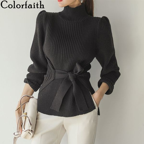 

colorfaith новые 2019 свитера осень зима женская модная повседневная минималистские элегантные вершины водолазка трикотажная узелок sw180, White;black