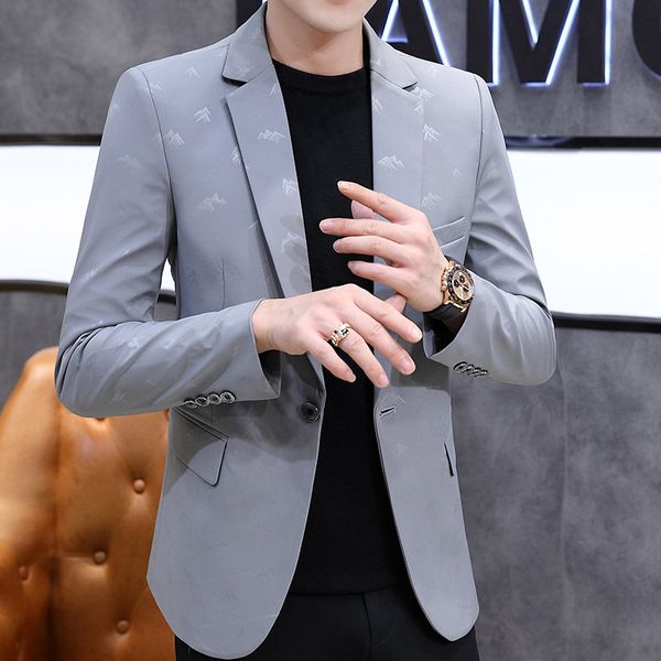 

2020 men's new autumn printing suit fashion youth casual slim single button blazer, White;black