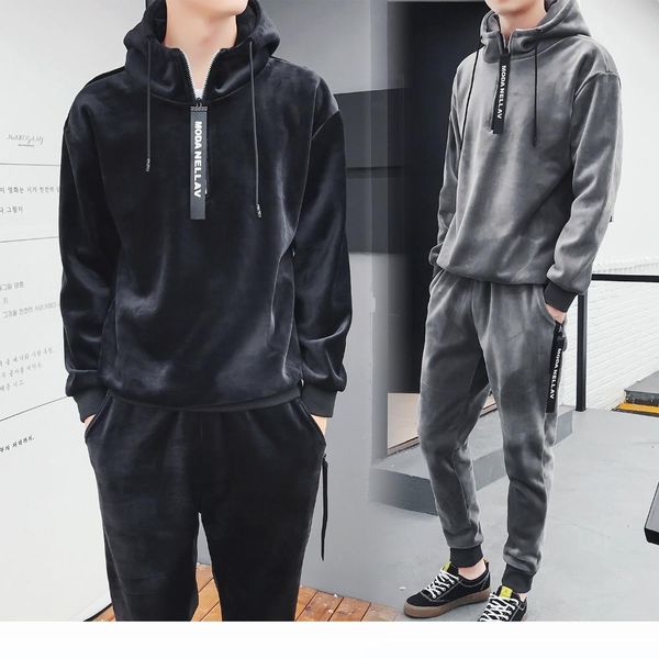 

velvet tracksuit two piece set letter zipper hooded 2019 black grey long sleeve and pants bodysuit suit runway clothes, Gray