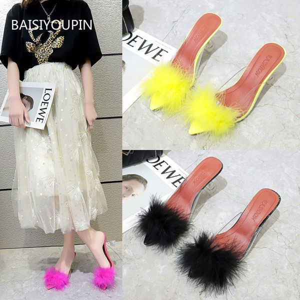 

solid new women slippers summer shoes furry pumps fashion thin 6.5cm high heels outside fitting-room shallow female slides, Black