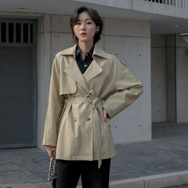 

women's leather & faux in the spring of 2021 contracted long pure color double-breasted long-sleeved pu trench coat female p144, Black