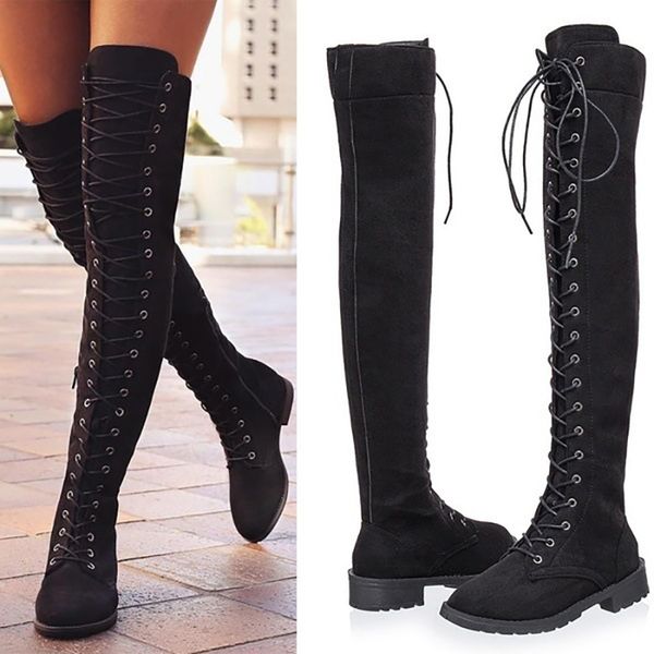 

autumn and winter europe and the new 35-43 over the knee long boots round head front cross strap flat roman women's boots, Black