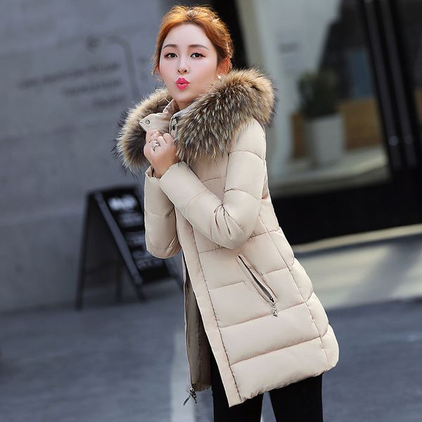 

women's down & parkas 2021 winter women korean solid jacket big fur collar hooded zipper coat female warm thick cotton mid-long a132, Black