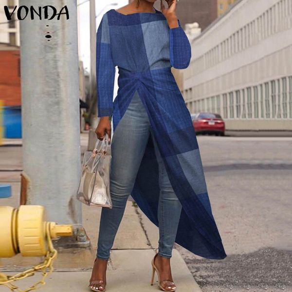 

vintage patchwork printed long sleeve blouses women plus size tunic 2020 vonda casual plaid shirts office ladies long, White