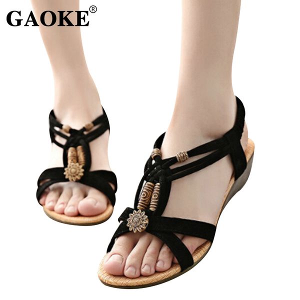

summer woman sandals woman wedges beads bohemia low heel shoes ankle strap sandals 2020 casual beach footwear rubber shoes, Black