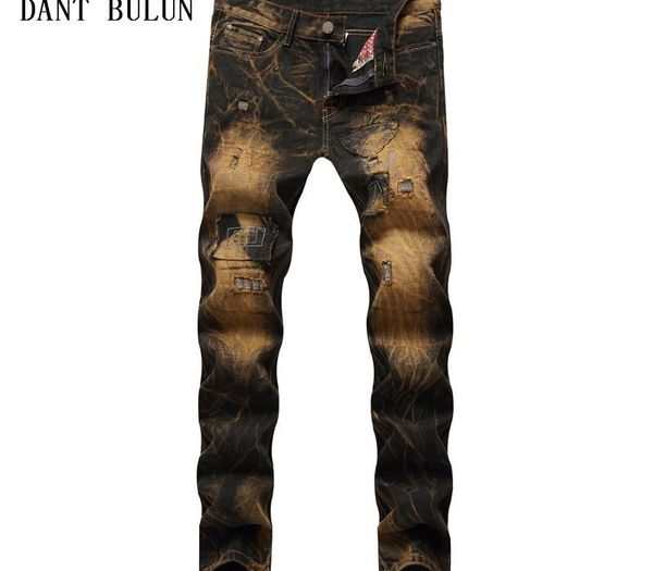 

men casual vintage ripped jeans hip hop distressed punk retro denim trousers for male patchwork gold pants,9890, Blue