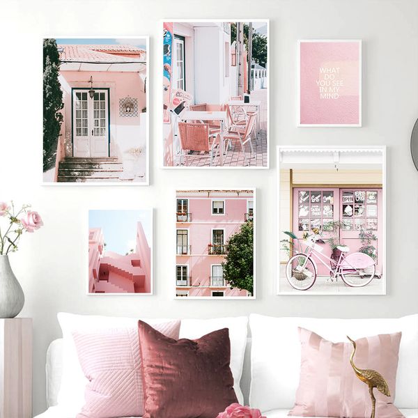 

scandinavian poster scenery wall art painting pink architecture posters prints nordic canvas pictures living room decoration