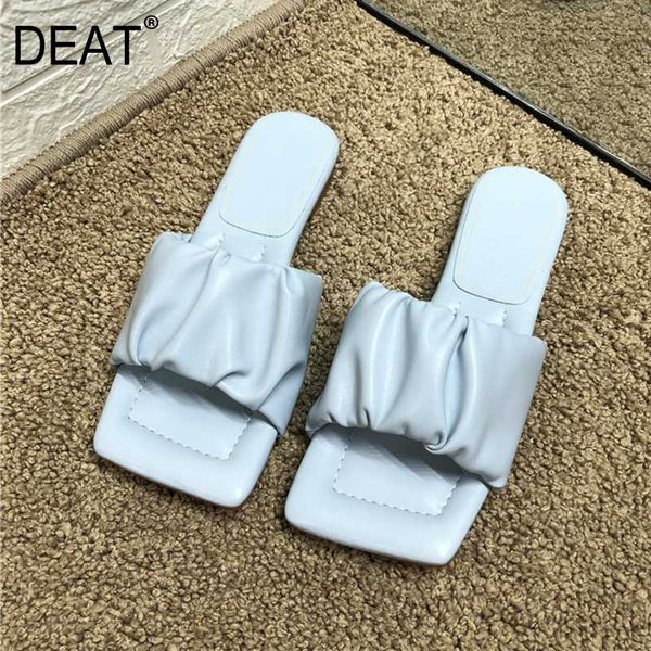 

deat] 2020 new spring summer square toe shallow pu leather pleated beach flat slippers women shoes fashion tide 10i300, Black