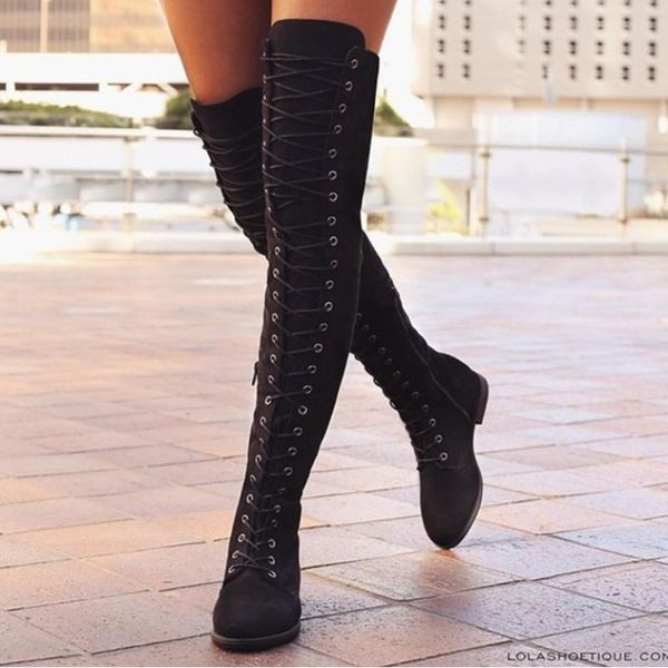 

ladies bandage riding flat heels western boots european over the knee long lace up long motorcycle boots shoes, Black