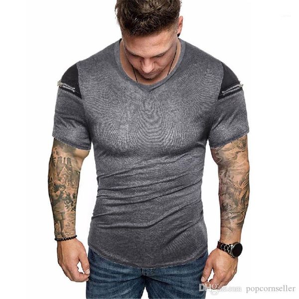 

summert shirt large size zippered shoulder sleeve crew neck fashion sports t shirt teenager male tee mens, White;black