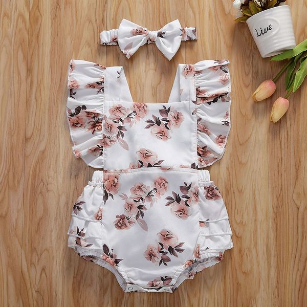 

0-24m baby girl floral rompers 2pcs fashion baby girls ruched floral print romper with headband outfits set summer sunsuit, Blue