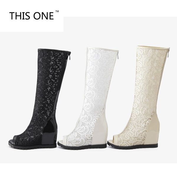 

boots this  34-43 women knee-high summer lace peep toe wedges fashion party club shoes soft footwear, Black