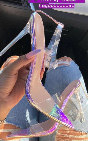 

2020 summer pvc transparent women sandals super thin high heels pointed toe buckle strap pumps wedding party colorful size, Black