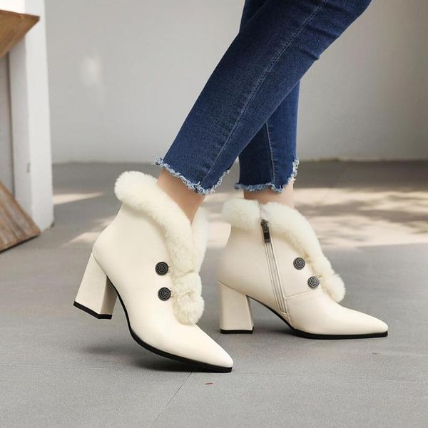 

2020 winter luxury women designer beige black block high heels ankle boots fashion pointed toe zipper winter boots