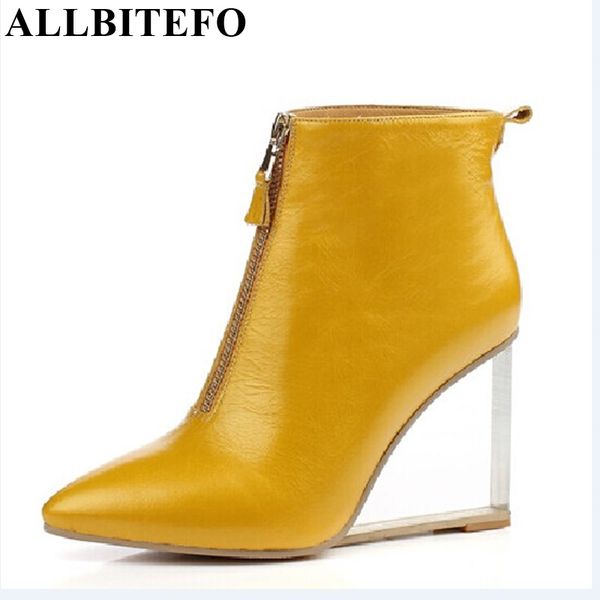 

allbitefo transparent heel horse hair+genuine leather high heel ankle boots wedges women boots winter leather size:34-41, Black