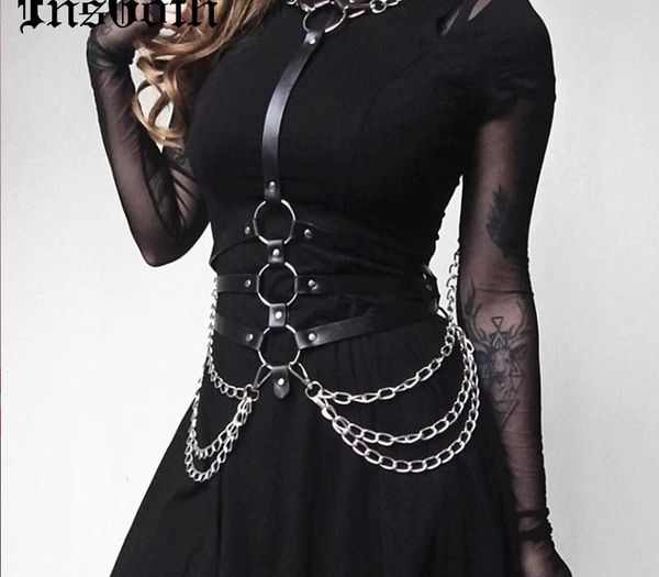 

insgoth women leather belt gothic harajuku leather chain halter belt adjustable bondage holographic metal chain harness y200428