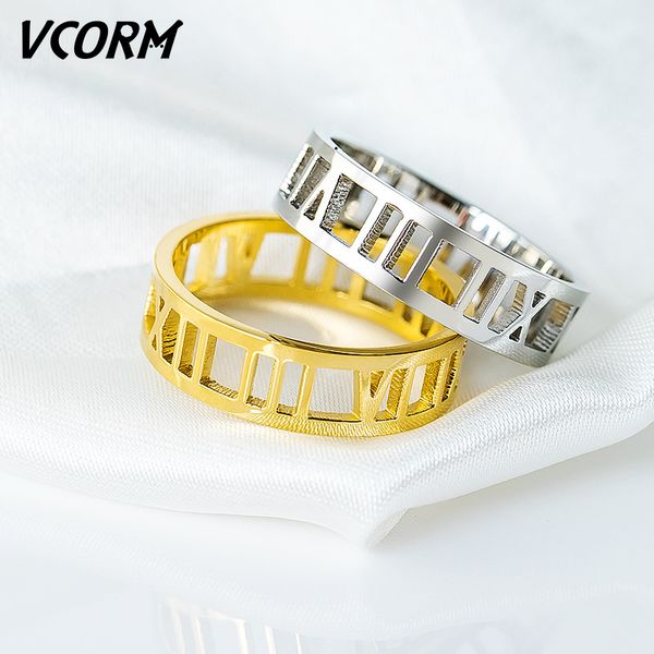 

vcorm fashion stainless steel gold rings for women man vintage roman numerals hollow statement party ring women man 2020 jewelry, Golden;silver