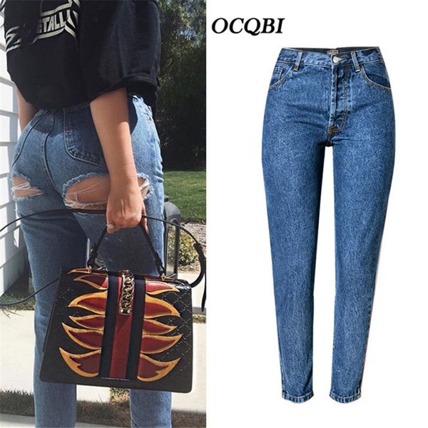 

distressed hole streetwear fashion denim jeans women boyfriend mom jeans plus size, Blue