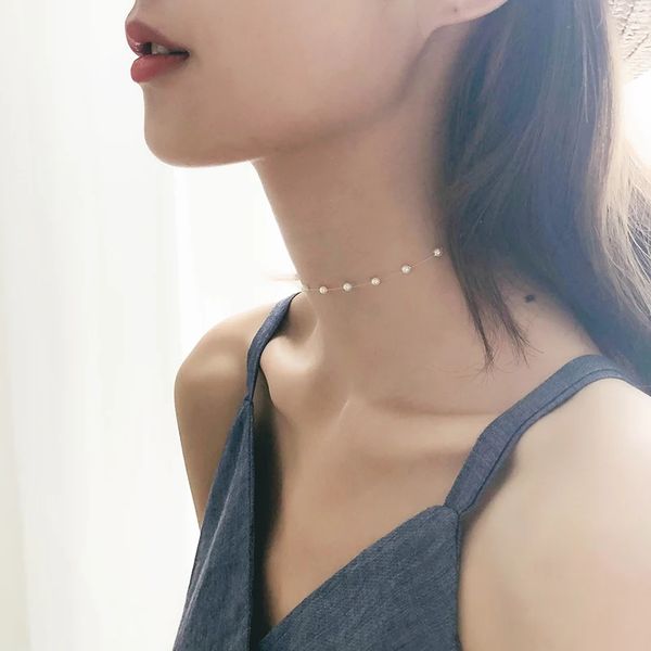 

pearl necklace choker clavicle chain korean girls temperament simple neck with short neck jewelry tidal people, Silver
