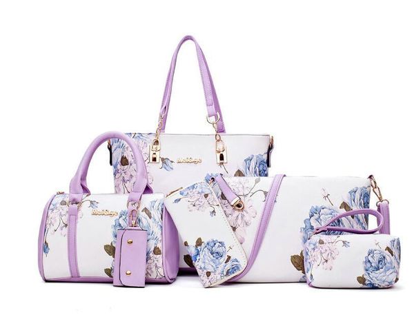 

new arrivals 6pcs/set fashion women handbags prints pu leather composite bag clutch set large shoulder bag purse female