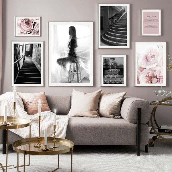

flower stairs red wine glass girl nordic vintage posters and prints wall art canvas painting wall pictures for living room decor