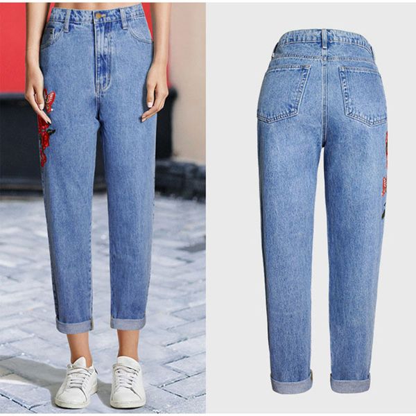 

2020 new vogue women clothing bf style floral embroidered jean pants loose casual trousers high waist straight denim jeans pants, Blue
