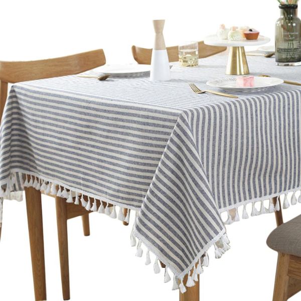

140/180/220/250cm dust-proof cotton linen retro stripe tassel plain cover for kitchen dinning printed tablecloth elegant square