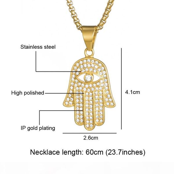 

wholesale hop bling ice out eye fatima palm necklace for men gold color 316l stainless steel amulet pendants necklaces muslim jewelry, Silver