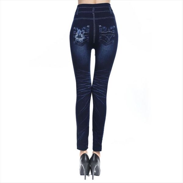 

women leggings fashion casual floral print hollow out faux denim leggin skinny pencil pants plus size 3xl bottom, Black