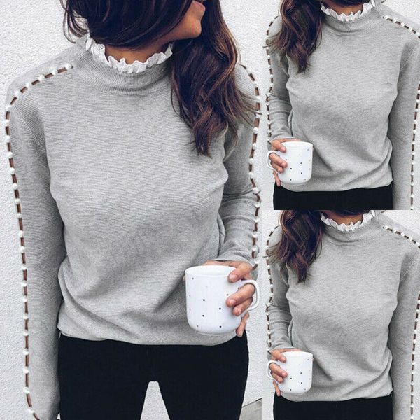 

women`s lace turtleneck knitted button long sleeve jumper sweater autumn winter ladies solid color pullover bottoming top, White;black