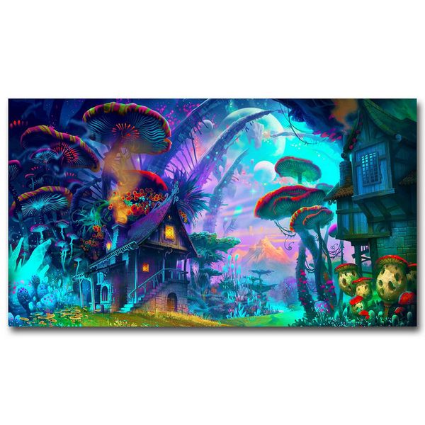 

nicoleshenting mushrooms house - psychedelic trippy art silk fabric poster print abstract wall home decor