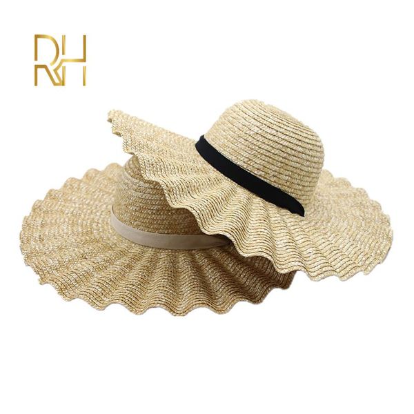 

new spring summer fashion straw hat wavy shell wheat straw hat vacation shade black white banding sun round big brim rh, Blue;gray