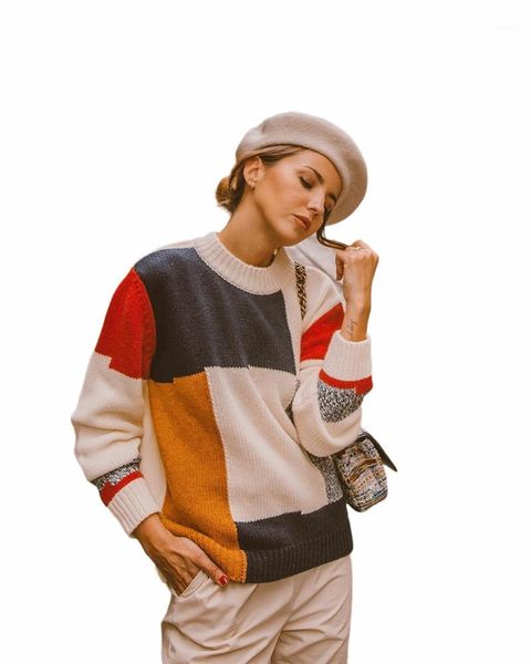 

knitwear autumn women designer sweater fashion patchwork long sleeve o neck knitting pullover new women, White;black