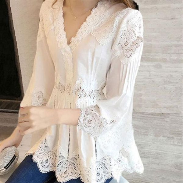 

осень нового прибытия женщин сладких оборки v шея шнурок способ рубашка лоскутных выдалбливают женщина блузы повседневных топы t80202l, White