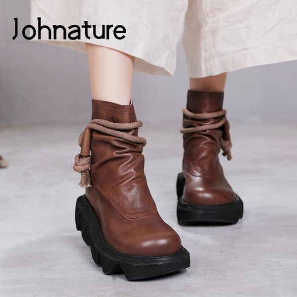 

boots johnature winter 2021 platform women shoes genuine leather zip round toe wedges handmade concise ankle, Black