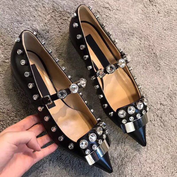 

2020 summer luxury rivets diamond designer low heels shoes women pumps runway brand pointed toe lady party wedding sandals shoes, Black