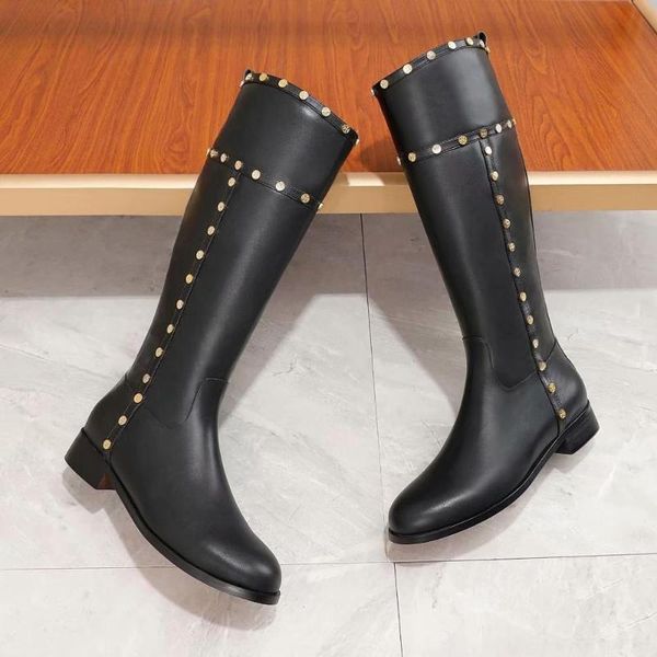

rivets studed women knee high boots black genuine leather flats long boots wunway gladaitor autumn winter motorcyacle shoe