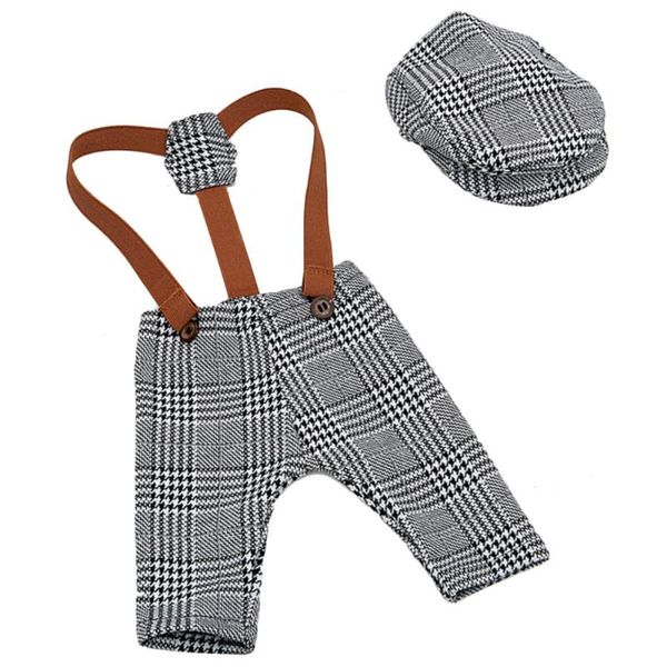 

hair accessories born pography props baby outfits plaid suspender pants and peaked cap set (grey), Slivery;white