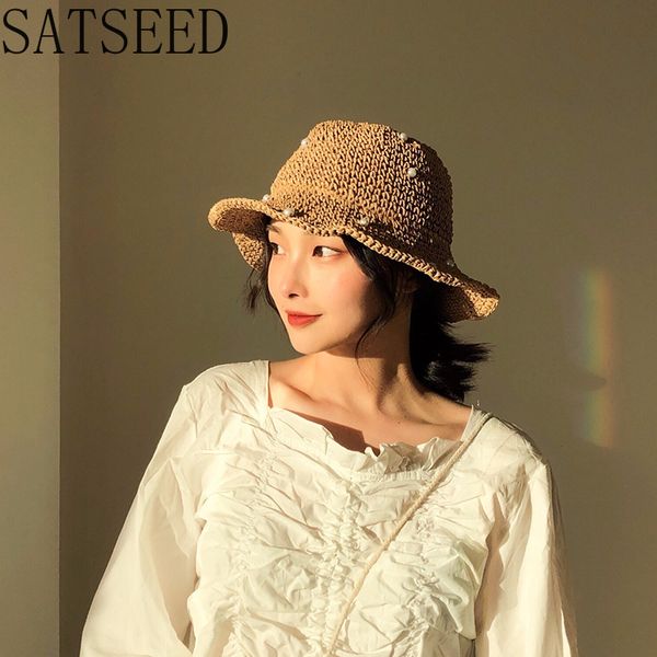 

2020 ins pearl straw hat female korean summer beach sun hat travel holiday style big edge folding sun sweet and cute, Blue;gray
