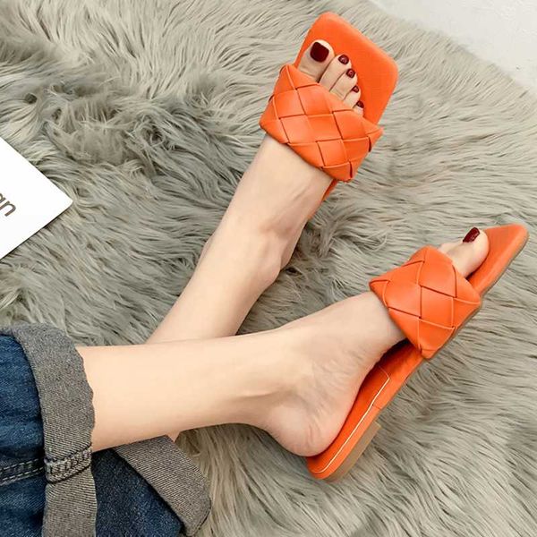 

rimocy fashion weave leather beach slippers women summer 2020 comfort soft flat with sandals woman square toe flip flops mujer, Black