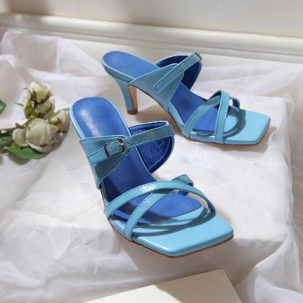 

женская мода тапочки strappy mule каблуках сандалии тапочки женщин высокие каблуки вьетнамки площади toe слайды партия обувь new, Black