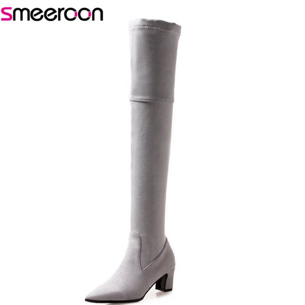 

boots smeeroon 2021 plus size 33-48 thigh high over the knee women flock heels pointed toe autumn winter shoes, Black