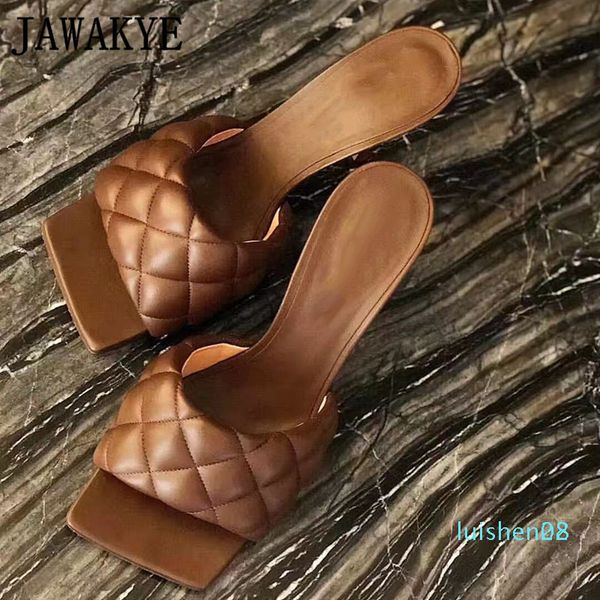 

new square toe high heel slippers women rhombus genuine leather runway shoes woman purple coffee red lady mules party shoes at02 l28, Black