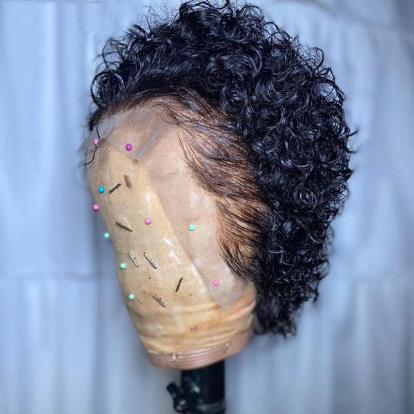 

sapphire 13x4 pixie cut lace wig preplucked blunt cut bob closure lace wig short human hair wigs curly human hair wigs glueless, Black;brown