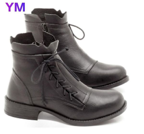 

2020 women lace-up ankle boots autumn winter square med heel ladies shoes big size vintage boots round toe pu botas mujer, Black