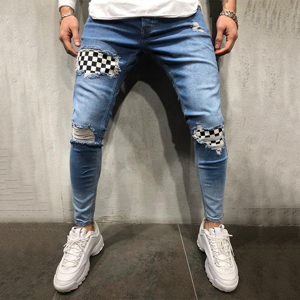 

men's jeans men stretch slim fit casual hole patchwork denim pant blue zipper trousers hip hop plaid decorated black mens pencil pants