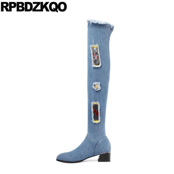 

women fall chunky long blue denim boots slim plus size european high heel jeans 10 round toe shoes designer over the knee big, Black