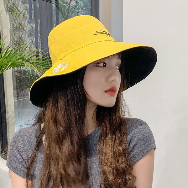 

women bucket hat fisherman hat daisy double-sided wearing hats summer ladies sunscreen sun embroidery caps, Blue;gray