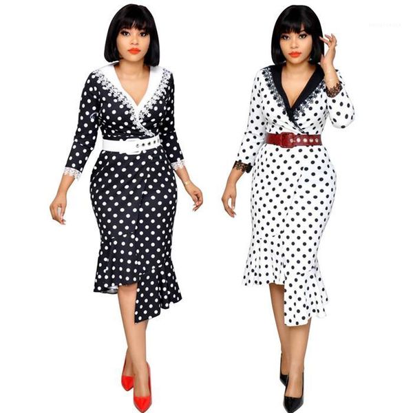 

sleeve show lace wavelet dot stitching fishtail plus size dress womens summer designer print dress long, Black;gray